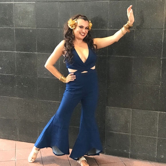 Denim Flare Bottom Jumpsuit - Picture 5 of 7